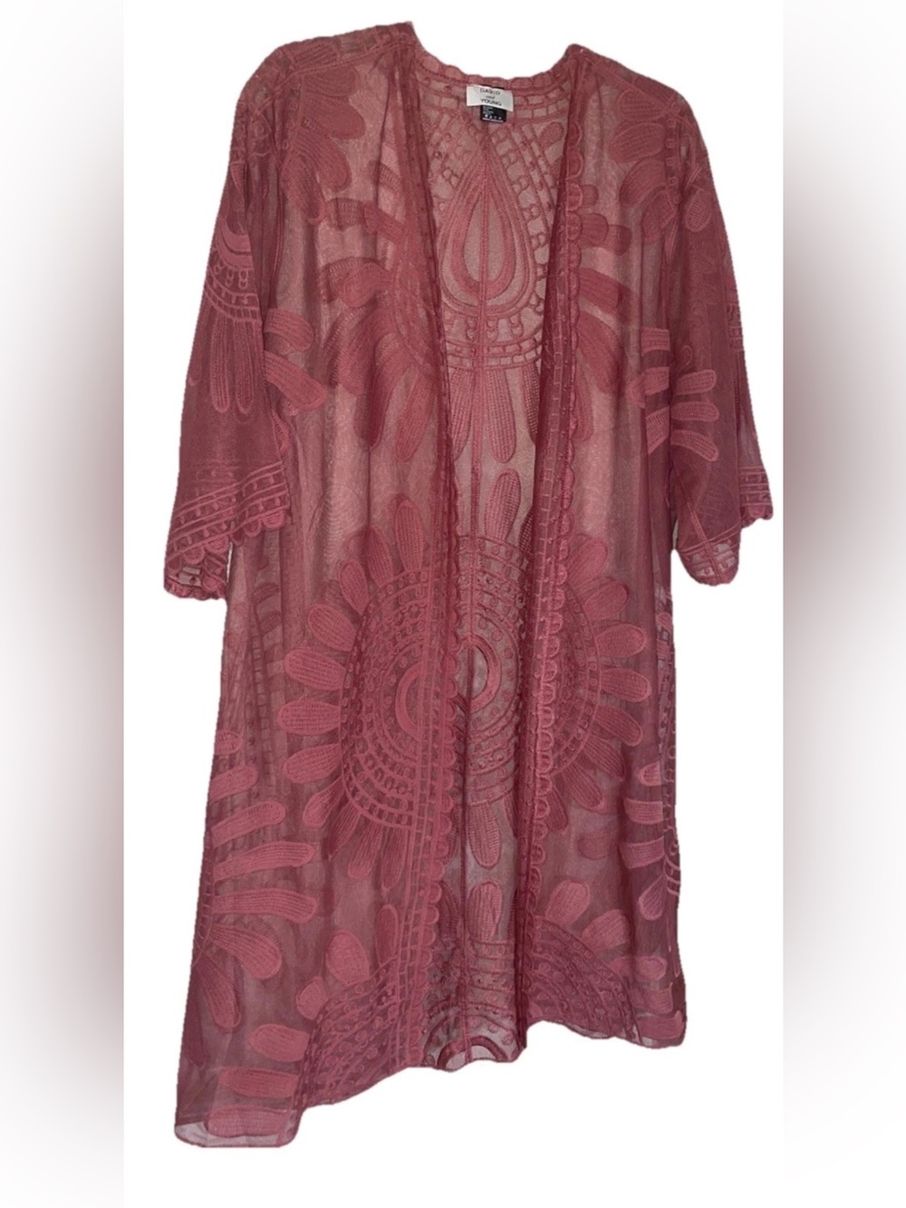 David and Young Rose Pink Floral Lace Kimono Duster Womens One Size Boho Sheer
